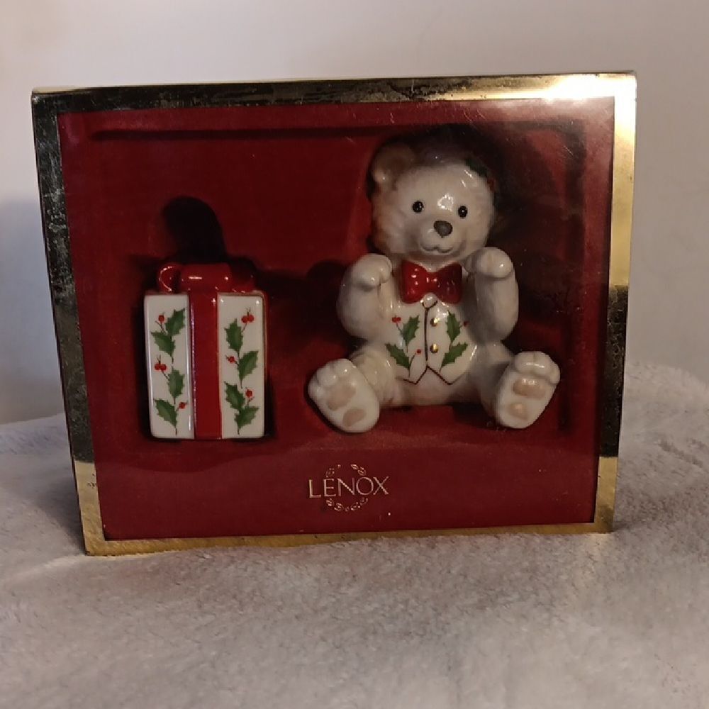 Lenox Festive Bear with Gift Box - White and Red Accents